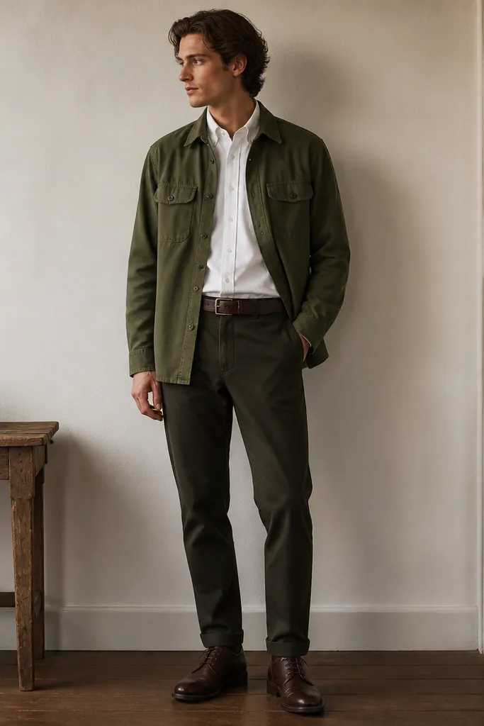 A white Oxford button-down is fully tucked into dark olive or deep charcoal chinos. Over the shirt is an olive overshirt with two chest pockets. The shoes are dark brown leather lace-ups and the belt matches.