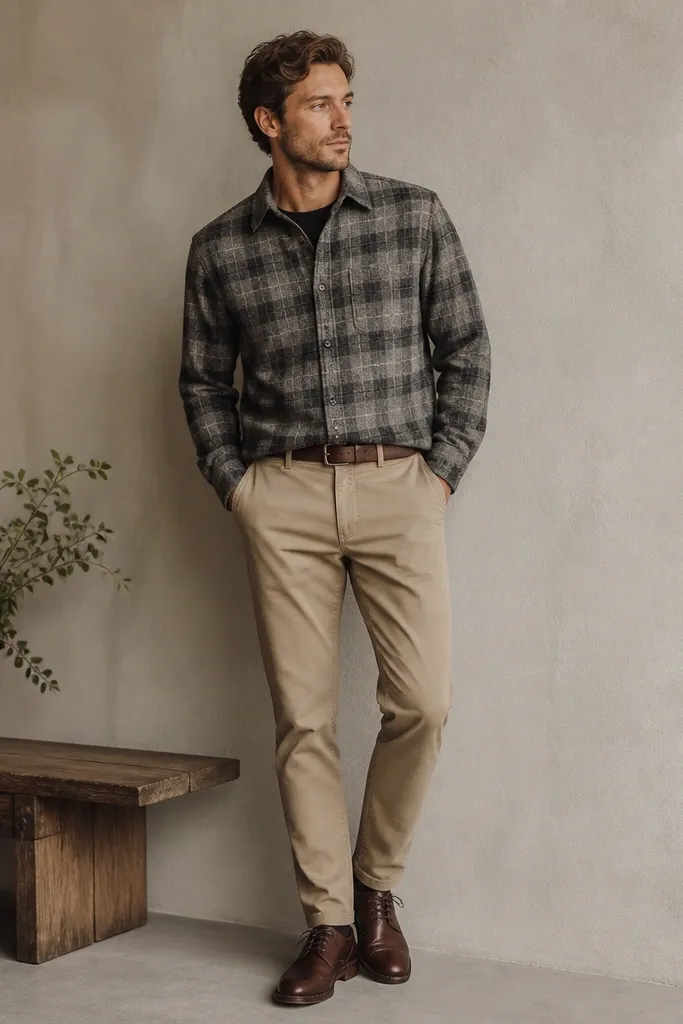 A grey check flannel overshirt is buttoned over a plain dark tee. The trousers are tan or stone chinos with a tailored fit. The shoes are brown leather derbies and a simple leather belt.