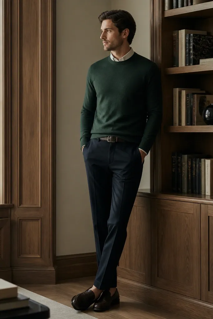 A deep green crewneck sweater is worn over a collared shirt or worn alone with a neat neckline. Navy trousers are pressed or smooth. Dark brown or black loafers are visible, with a matching belt and minimal accessories.