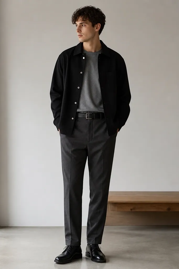 A black overshirt with snap buttons is worn over a grey t-shirt. Charcoal trousers are straight and smooth. The shoes are black leather derby shoes, and the belt matches the shoes.