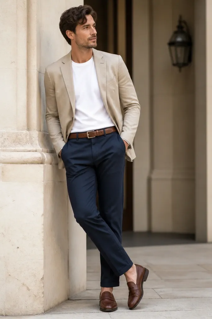 A tan/beige blazer is worn over a plain white tee. Navy chinos are fitted with a clean taper. The shoes are brown leather loafers, and the belt matches the loafers.