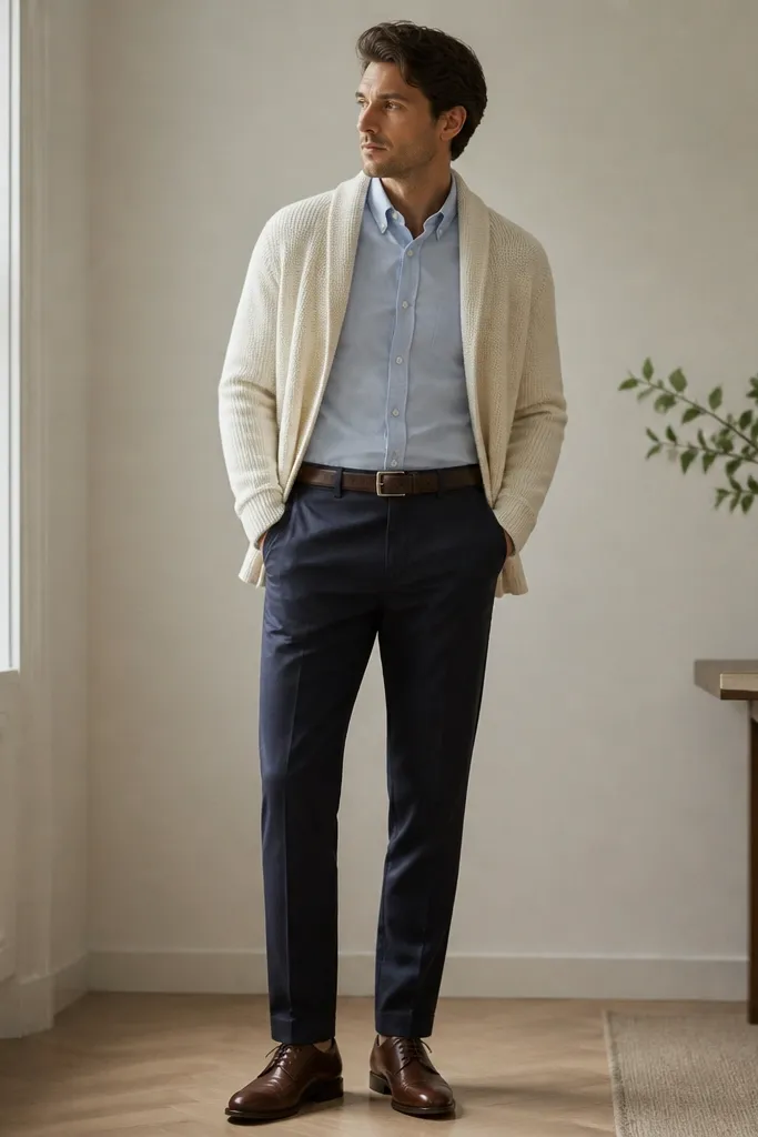 A cream knit cardigan is layered over a light blue button-down shirt. Dark trousers are straight and smooth. Brown leather shoes and a dark belt are visible, with the cardigan unbuttoned.