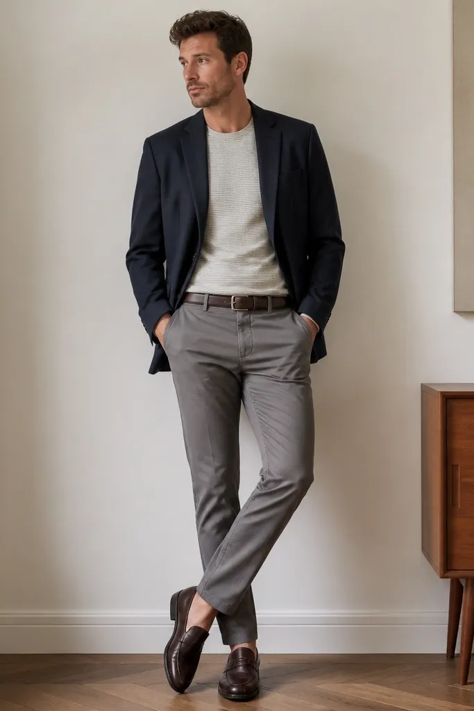 A navy blazer is worn over a knit shirt with subtle horizontal stripes. The trousers are light to medium grey chinos. The shoes are dark brown loafers and the belt matches.