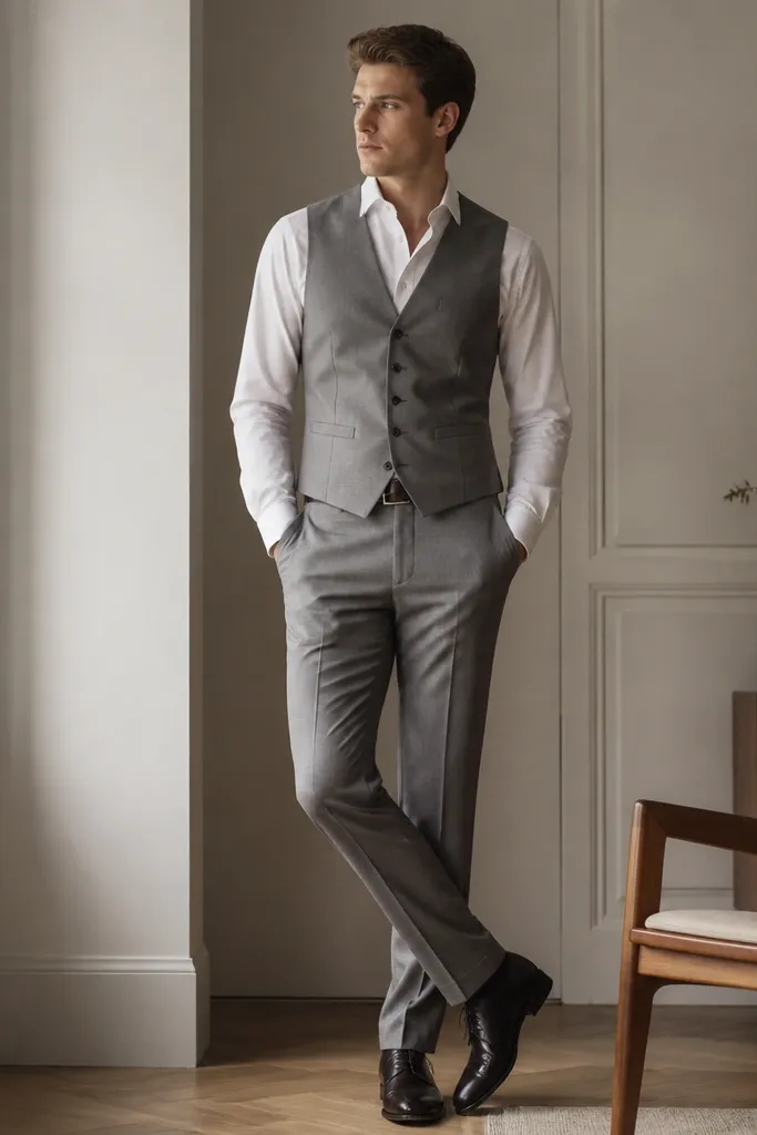 A mid-grey vest is worn over a white Oxford button-down. Matching mid-grey trousers are tailored and smooth. The shoes are dark leather lace-ups, and the belt matches. No tie is shown.