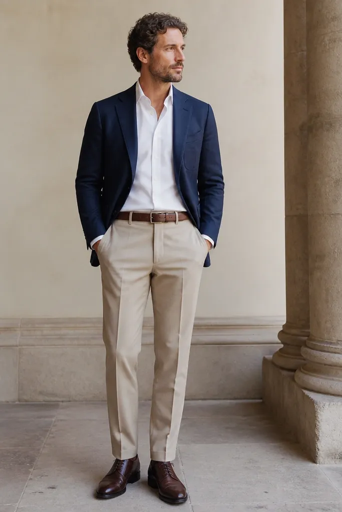 A man wearing stone-beige wool trousers with a crisp white Oxford shirt, a navy unstructured blazer, a navy belt, and dark brown leather oxford shoes. The shirt is tucked, belt matches shoes, and the blazer sits straight at the waist.
