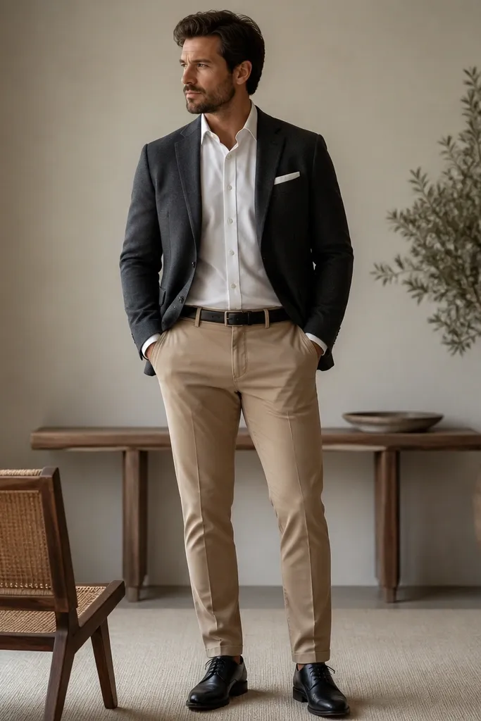 Camel beige tailored chinos paired with a charcoal blazer, white dress shirt, and a folded white pocket square. The shoes are black leather derbies and the belt is black.