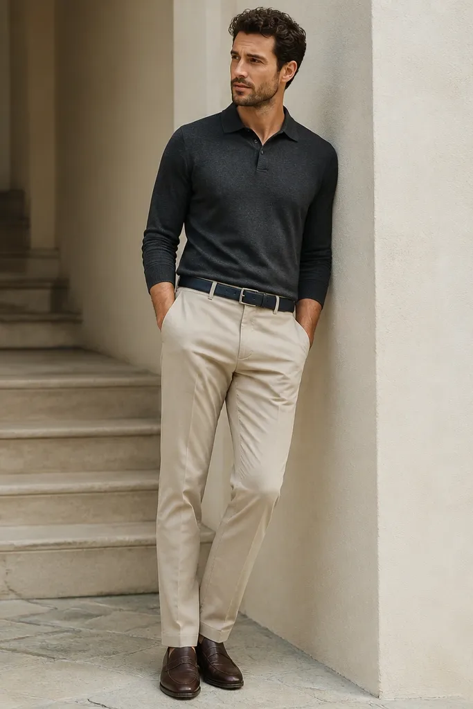 Beige trousers paired with a charcoal knit polo, navy belt, and dark brown leather shoes. The collar is neat, sleeves are at the forearm, and the shirt is tucked.
