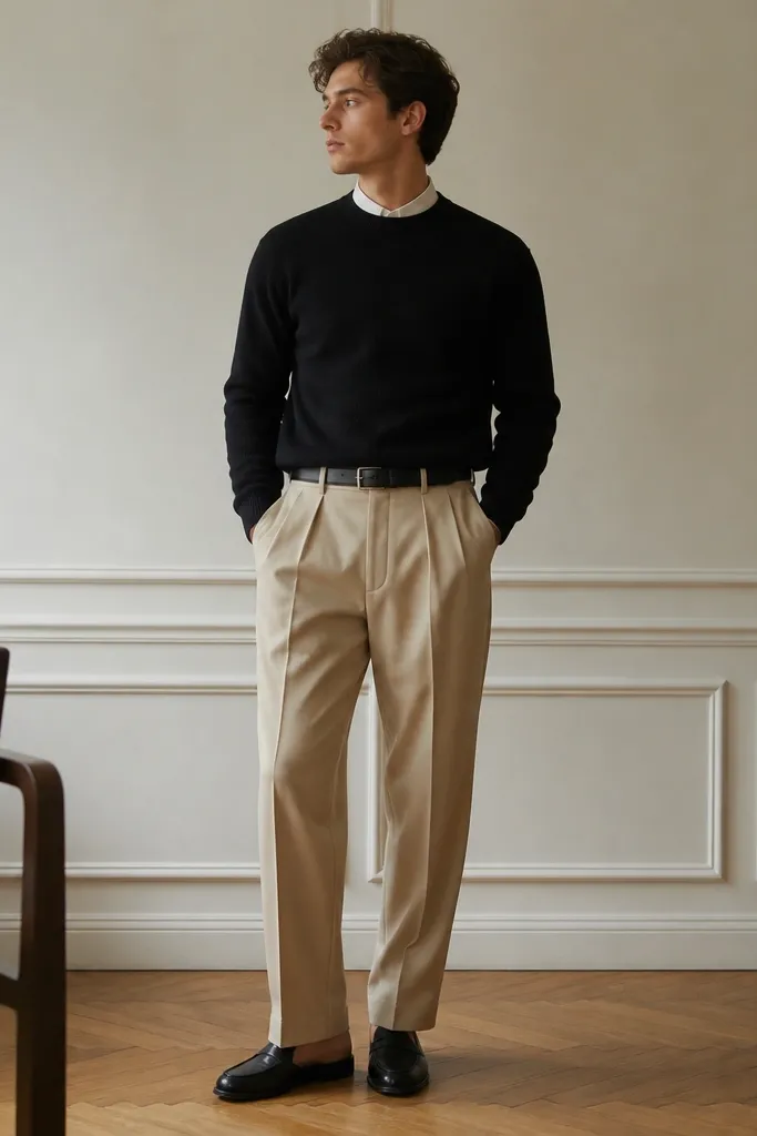 Beige pleated trousers worn with a black crewneck sweater. A white shirt collar peeks out slightly at the neckline, and the shoes are black leather loafers with a black belt.