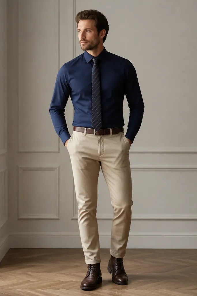 Sand beige trousers with a navy dress shirt, a narrow striped tie, and dark leather lace-up boots. A brown belt matches the boots and the tie knot sits centered.