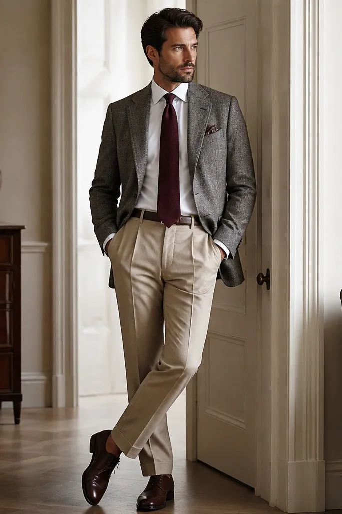 Stone beige trousers with a gray flannel blazer, white shirt, and a burgundy tie. The shoes are dark brown and the belt matches the shoes.