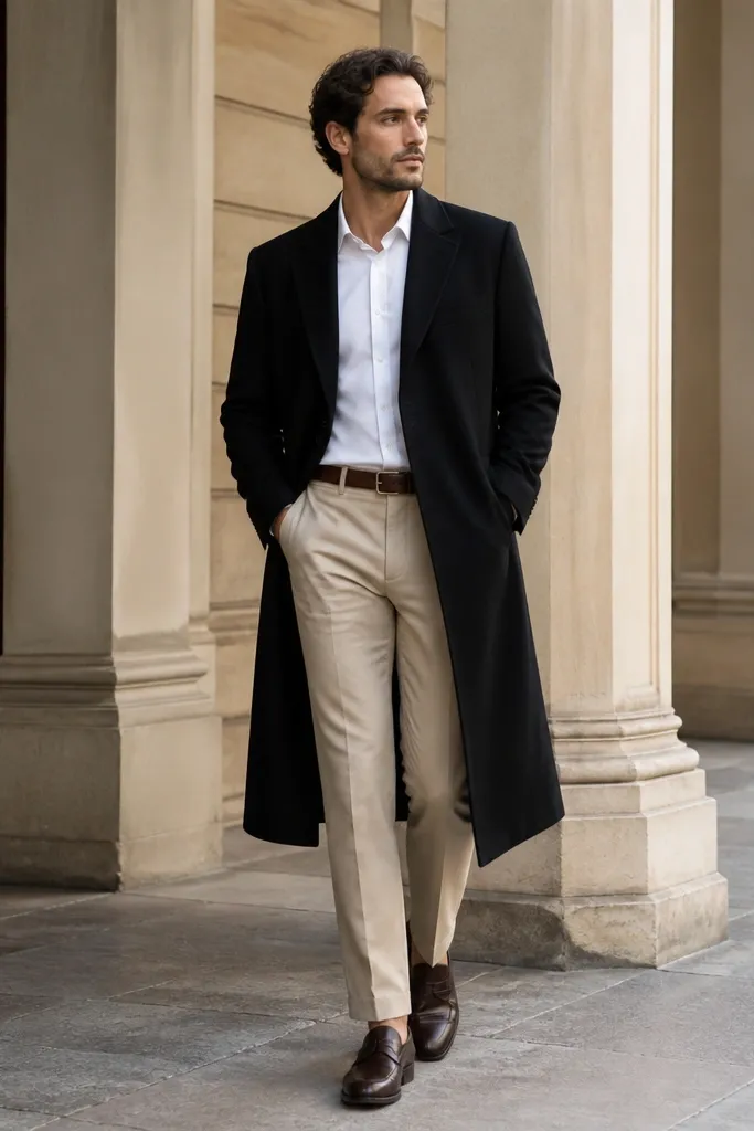 Sand beige trousers with a white dress shirt under a long black overcoat. Brown leather shoes and a brown belt show through at the waist.