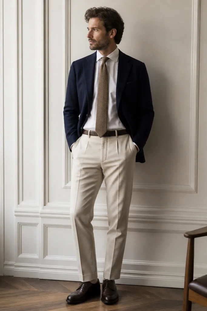 Beige trousers paired with a white shirt, a tan knit tie, and a navy blazer. The shoes are dark brown derbies and the belt matches the shoes.