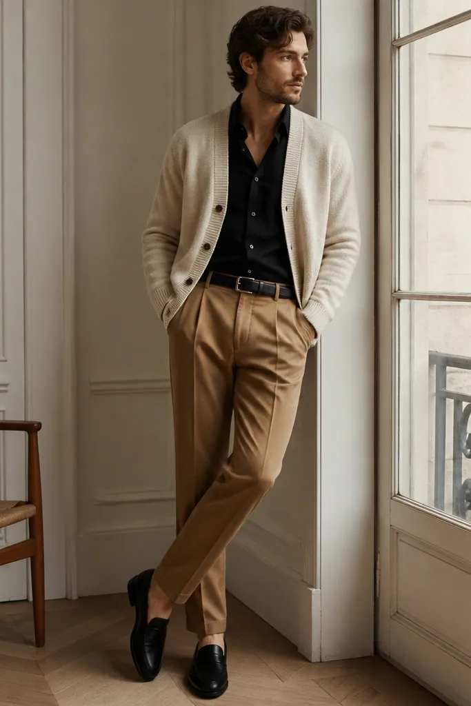 Camel beige trousers worn with a black button-down shirt and a cream knit cardigan. The shoes are black leather loafers and the belt is black.