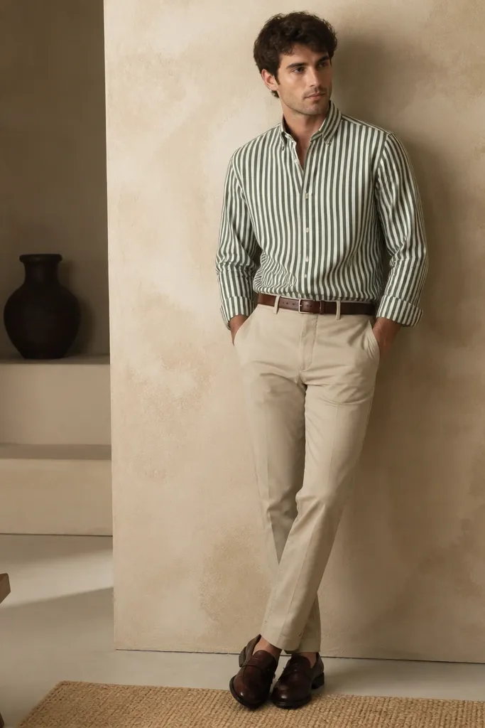 Beige trousers paired with a green and cream striped button-down shirt, tucked in. A brown belt and dark brown leather shoes complete the outfit.