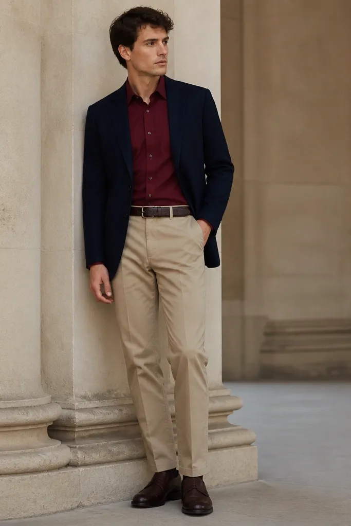 Beige trousers with a burgundy dress shirt, a dark navy blazer, and dark brown shoes. The shirt is tucked and the collar is crisp.