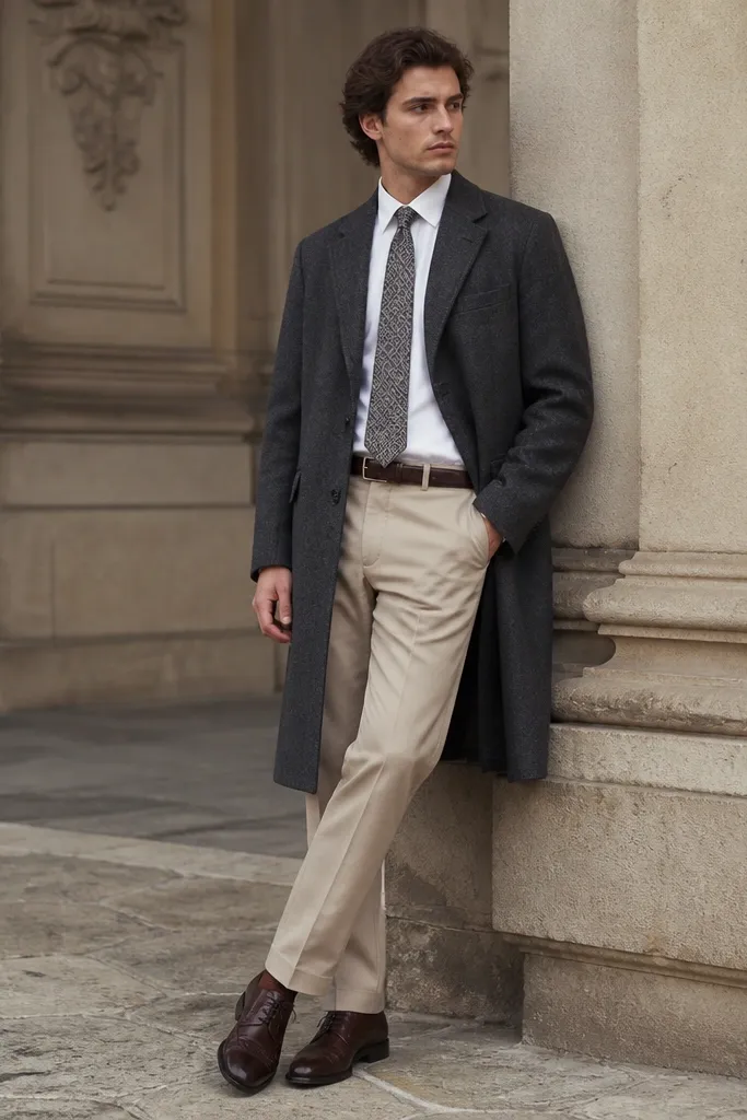 Stone beige trousers paired with a solid white shirt and a patterned tie. A charcoal overcoat is worn over the top, and the shoes are dark brown oxfords with a matching belt.