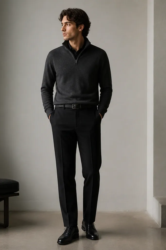 A charcoal quarter zip sweater with a standing collar, paired with black straight-leg wool trousers and black leather derby shoes. A matte black belt matches the shoes. The image shows a clean, monochrome look with the quarter zip hem sitting just above the trouser waistband.