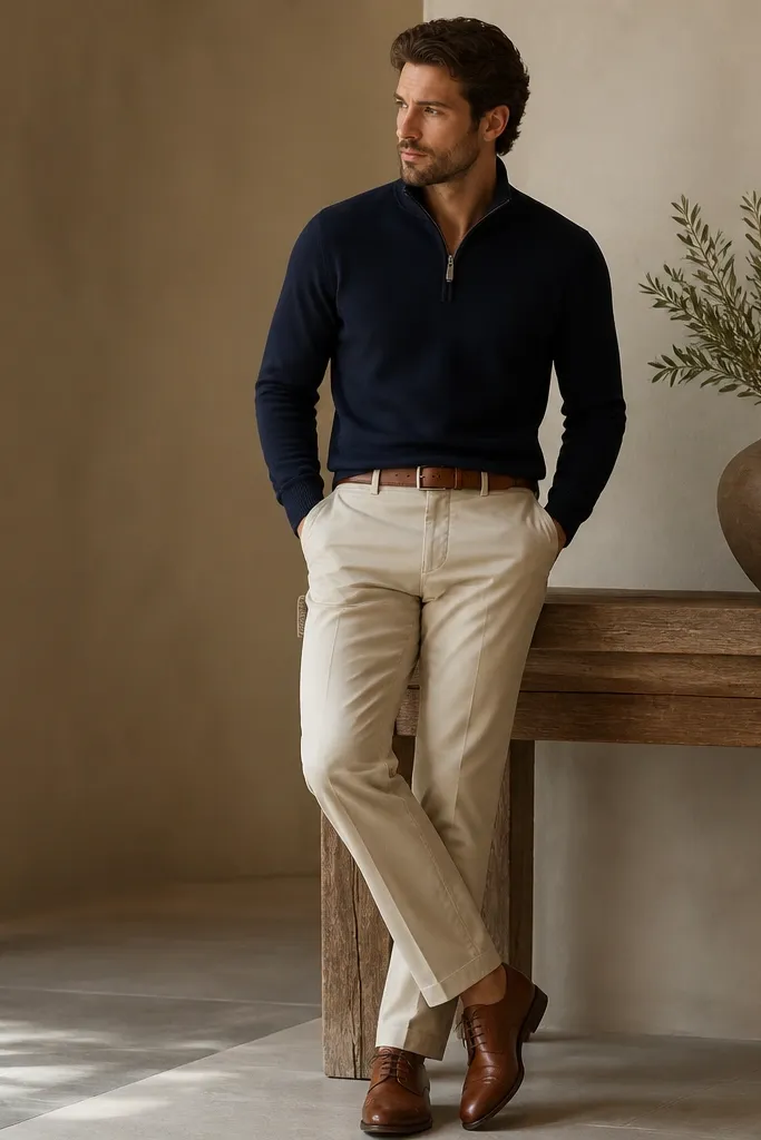 A deep navy quarter zip with a zipper pull centered, worn with stone-colored chinos and brown leather oxford shoes. The belt is tan-brown. The photo shows a warm, clean contrast between the dark top and light bottom.