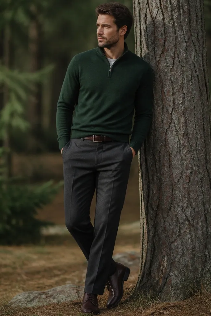 A forest green quarter zip sweater, collar slightly raised, paired with charcoal tapered trousers. The shoes are dark brown leather and the belt is dark brown. The image shows a deep green top against a dark grey bottom.