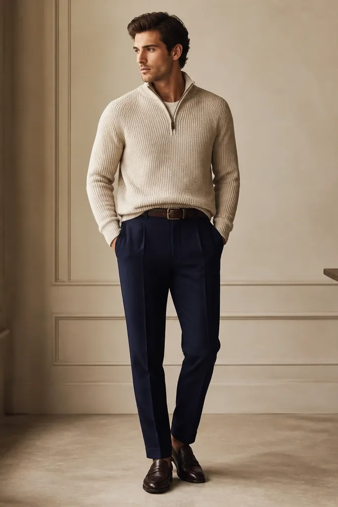 An oatmeal quarter zip sweater with a cream-toned knit, worn with navy wool trousers. Dark brown loafers sit on a clean floor, and a brown belt matches. The picture emphasizes the warm top against deep navy pants.