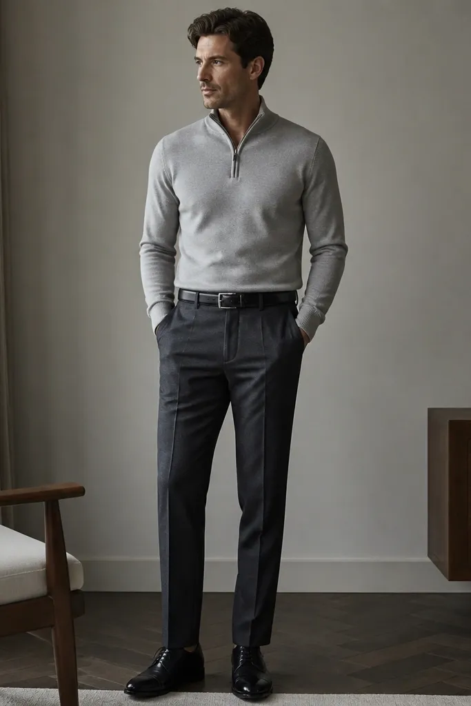 A light grey quarter zip with a clean zipper and standing collar, paired with charcoal suit trousers. Black cap-toe shoes and a black belt are visible. The outfit looks like a suit top half without wearing a jacket.
