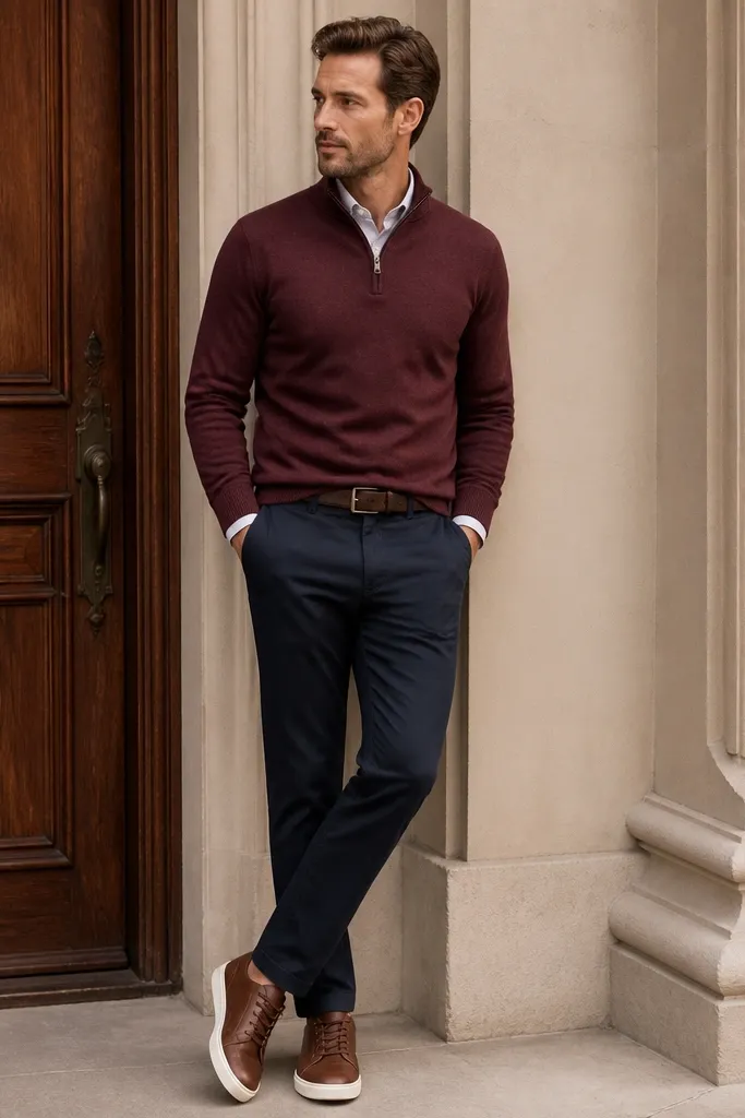 A burgundy quarter zip sweater worn with navy chinos. The shoes are brown leather sneakers with a clean white sole. The belt is dark brown. The image shows a smart-casual look leaning formal.