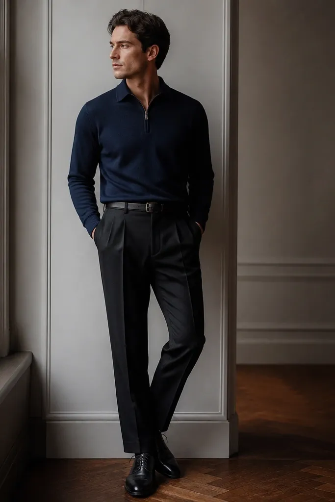 A midnight blue quarter zip with a crisp collar, paired with black pleated trousers. Black leather lace-up shoes are visible. The belt is black, and the trousers show a slight crease line.