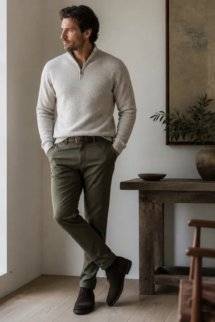 A stone quarter zip in a cream-grey knit paired with olive chinos. The shoes are dark brown chukka boots with a suede-like texture. A brown belt ties it together.