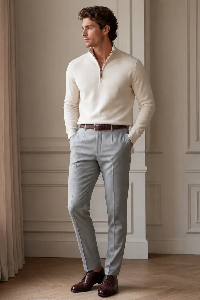 A cream quarter zip with a neat zipper and collar, worn with light grey wool trousers. Oxblood leather shoes and a matching belt are visible. The outfit looks bright but still formal.