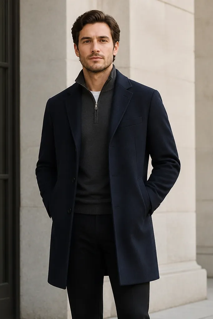 A charcoal quarter zip under a navy overcoat, with black chinos and black leather shoes. The coat hem sits below the hips, and the quarter zip collar is visible. The image looks structured and interview-ready.