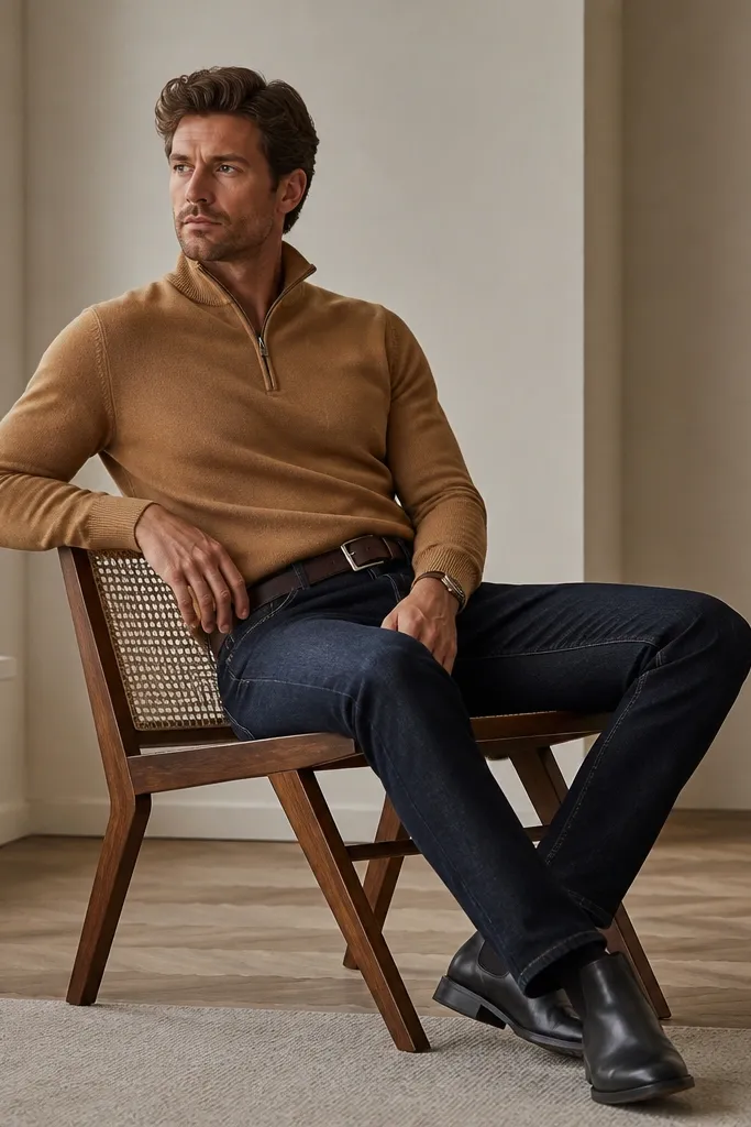 A camel quarter zip sweater with a clean collar, worn with dark indigo denim jeans and black leather Chelsea boots. The belt is dark brown. The outfit looks smart with a casual bottom.