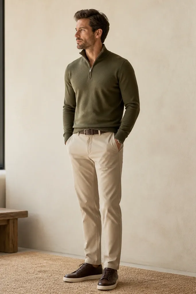 An olive quarter zip with a collar that stands slightly, worn with beige chinos. Shoes are dark brown sneakers that look like low-top oxfords with a leather upper. The belt matches the shoes.
