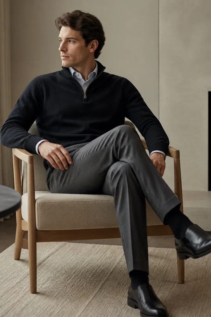 A black quarter zip worn over a light dress shirt, with a white cuff peeking out at the sleeve. Grey trousers and black leather shoes are visible. The image shows intentional layering at the wrists.