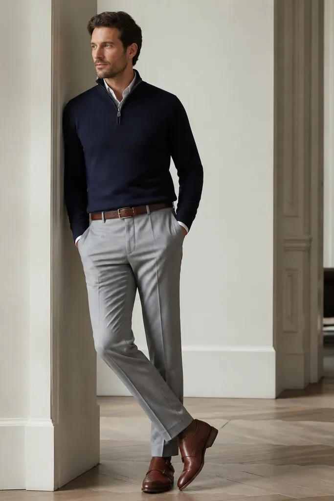 A navy quarter zip sweater paired with light grey suit trousers. Brown monk strap shoes and a brown belt are visible. The outfit looks like a suit minus the jacket.