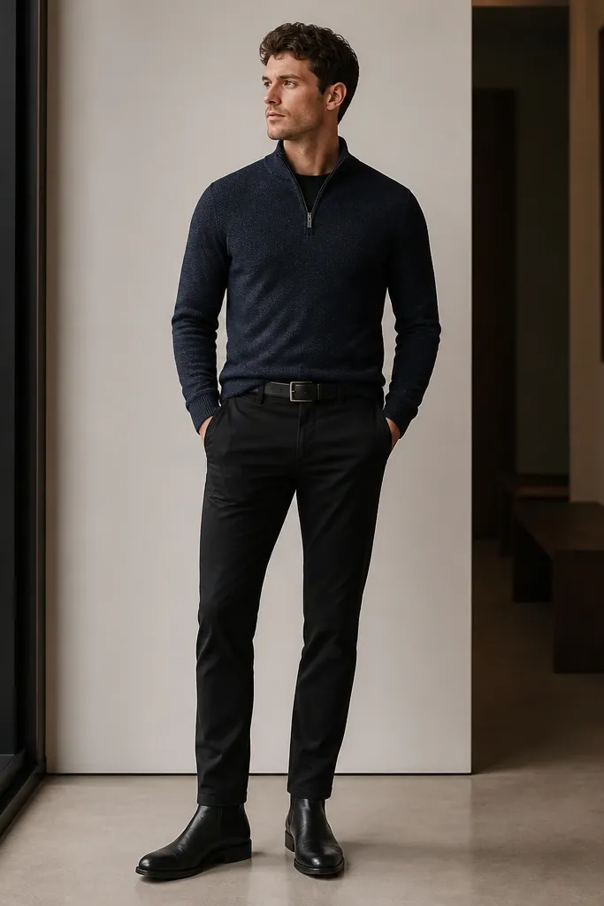 A heather navy quarter zip sweater paired with black chinos and black Chelsea boots. The outfit looks dark and structured, with a matte belt. The quarter zip hem sits neatly at the waistband.