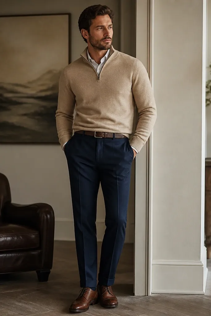 A tan quarter zip sweater paired with navy trousers. Brown leather brogues and a tan-brown belt are visible. The outfit has a warm neutral top and deep blue bottom.