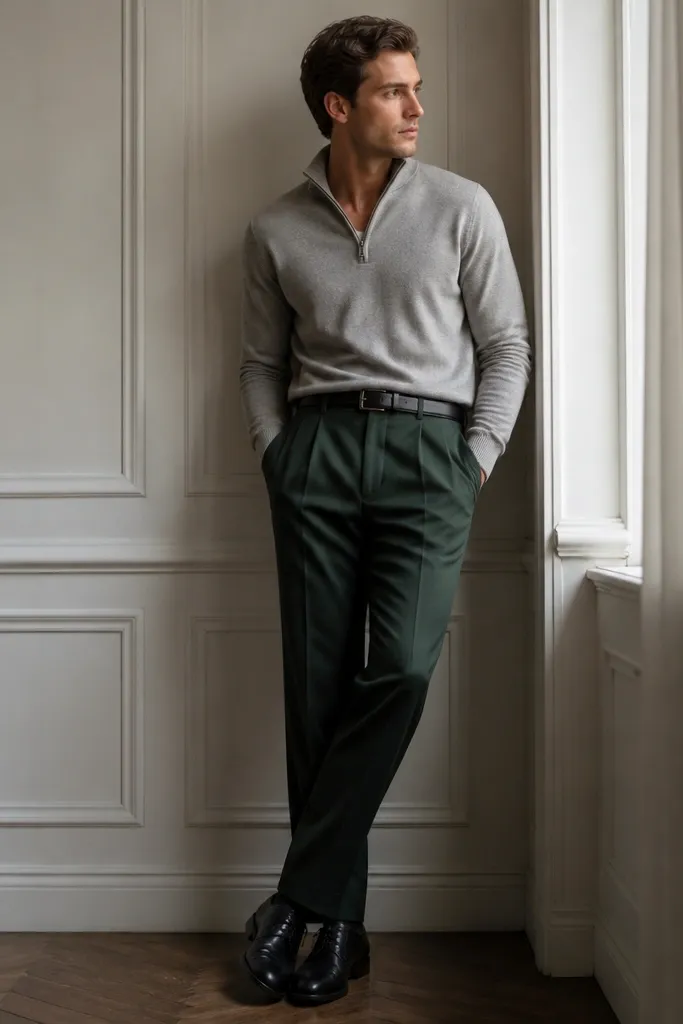 A medium grey quarter zip paired with dark green wool trousers. Black dress shoes and a black belt are visible. The photo shows a muted grey top with deep green tailoring.