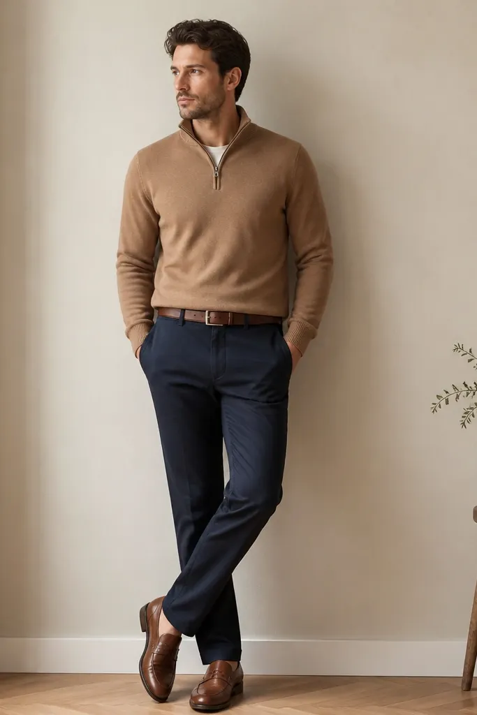 A camel-brown quarter zip sweater paired with navy chinos. Tan leather belt visible, with simple brown leather shoes. The image shows a clean, minimal look with no loud patterns.