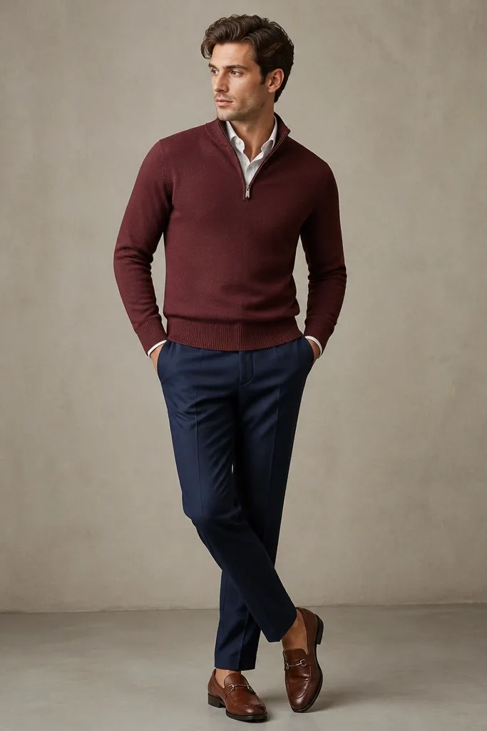 Model wearing a deep wine quarter zip knit with a smooth, structured collar. The pants are navy suit trousers with a sharp crease and a mid-rise fit. Shoes are cognac leather loafers with a low bit detail, paired with a white dress shirt peeking at the placket. Background is a neutral studio wall; lighting shows the knit texture and the clean trouser drape.