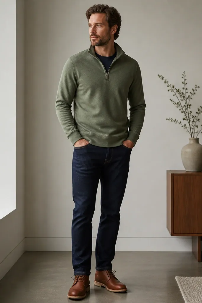 A sage green quarter zip worn over a navy crew tee, with dark navy jeans and cognac leather chukka boots. The photo shows a relaxed stance, with the quarter zip sleeves ending at the wrist.
