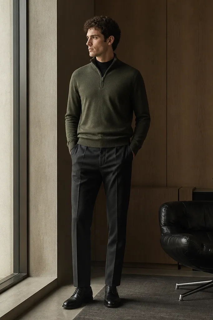 An olive green quarter zip with a closed zipper over a black long-sleeve base layer, paired with charcoal wool trousers and black leather derby shoes. The image shows a more formal setting with a sharper drape.