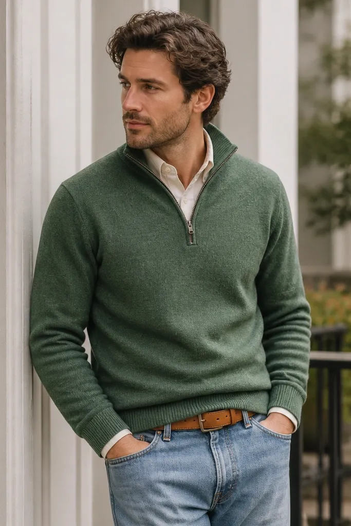 A heather green quarter zip worn over an off-white Oxford button-down, paired with light blue selvedge denim and tan leather belt. The outfit is shown outdoors with a casual-smart feel.