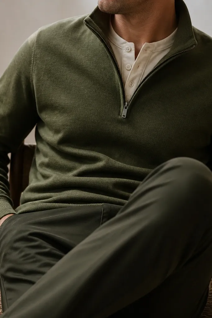 A moss green quarter zip over a cream henley with visible buttons, paired with dark olive tapered pants. The outfit is shown close-up on the torso and legs, emphasizing matching greens.