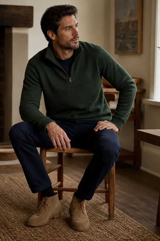 A pine green quarter zip worn over a navy crew tee, paired with navy chinos and tan suede desert boots. The photo shows a soft suede texture catching light.