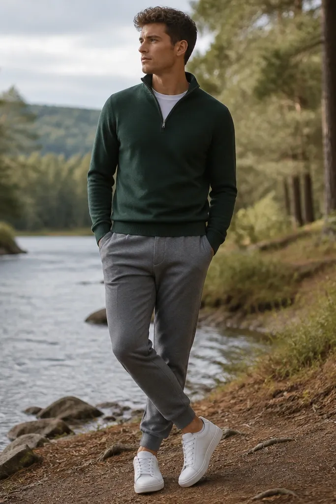 A forest green quarter zip over a white tee, paired with tailored grey joggers and white leather trainers. The joggers have a clean waistband and cuff, not gym-style looseness.