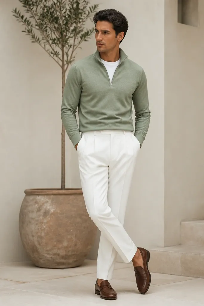A sage green quarter zip worn over a white crew tee, paired with white pleated trousers and brown leather loafers. The image shows a sharper, dressier silhouette.