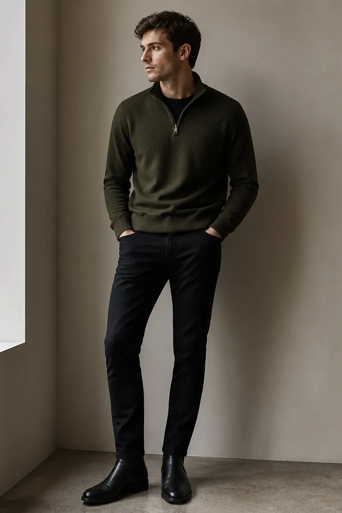 An olive green quarter zip over a black t-shirt, paired with black slim jeans and black Chelsea boots. The photo shows a sleek silhouette with minimal color contrast.