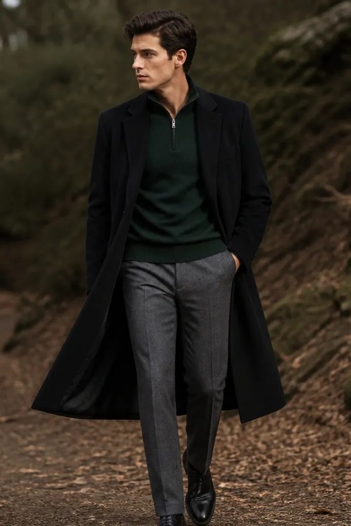 A deep forest quarter zip with zipper closed halfway under a black overcoat, paired with grey wool pants and black leather shoes. The image shows the overcoat opening to reveal the green top.