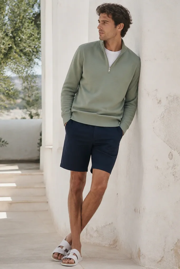 A sage green quarter zip worn over a white tee, paired with tailored navy shorts and white leather sandals. The photo is in outdoor daylight with a casual warm-weather look.