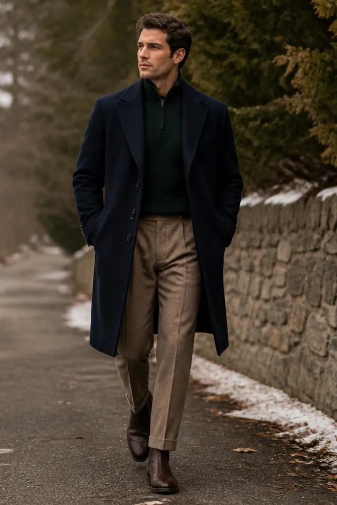 A forest green quarter zip with a closed zipper under a navy overcoat, styled with tan wool trousers and brown boots. The image shows a classic winter silhouette with green peeking out.